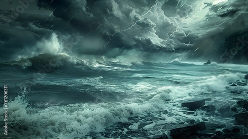 Stormy Ocean in Epic Fantasy Style, To showcase the power and beauty of nature through a stormy ocean scene, suitable for various design concepts