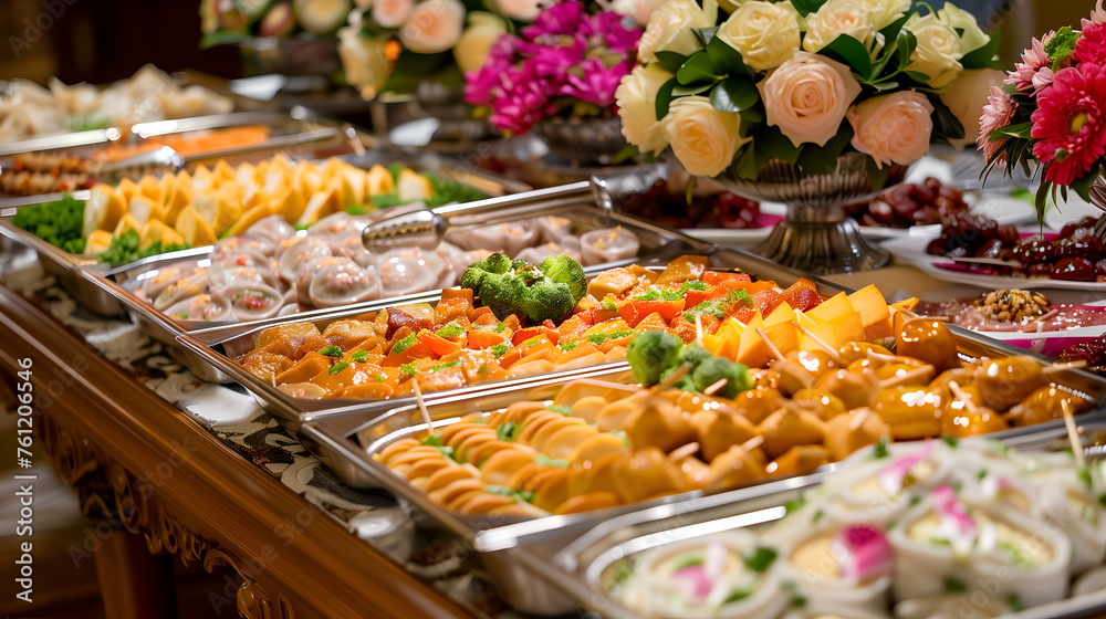 catering wedding buffet with variety of food snacks and appetizers