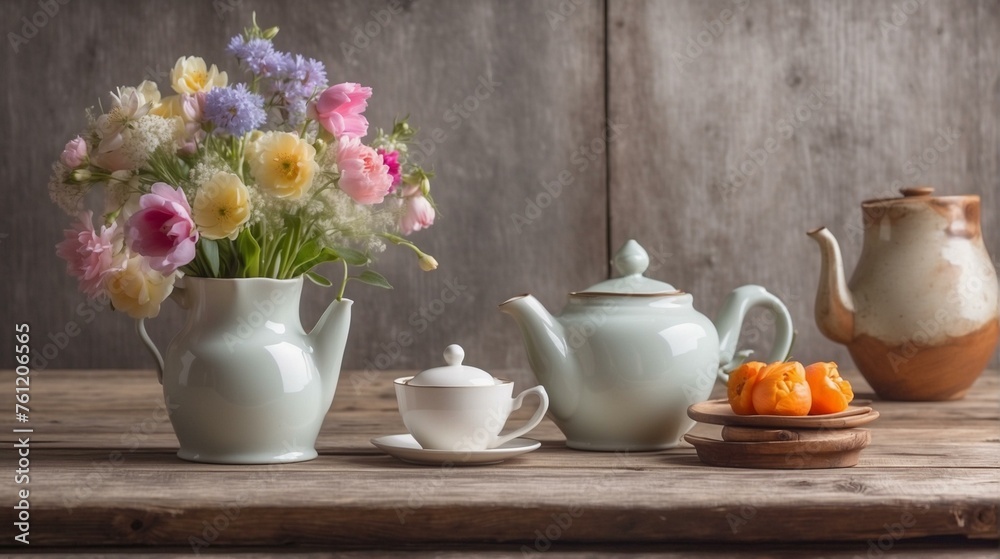 Pristine white tea set elegantly displayed with fresh colorful flowers on a rustic wooden table, invoking a homely feeling Pristine white tea set elegantly displayed with fresh colorful flowers on a rustic wooden table, invoking a homely feeling