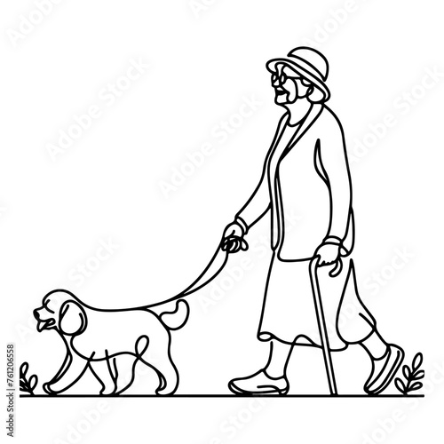 continuous single black linear line sketch drawing old woman walking with puppy dog doodle vector illustration on white