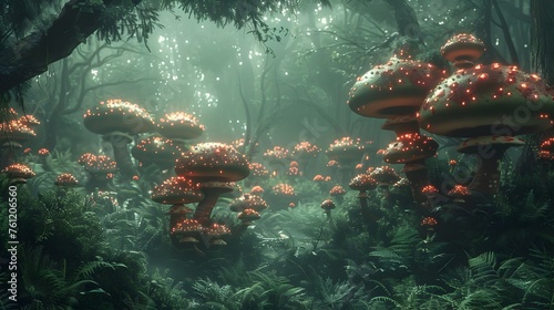 Stylized 3D Mushroom Forest in Light Red and Bronze, To provide a unique and eye-catching image of a 3D mushroom forest