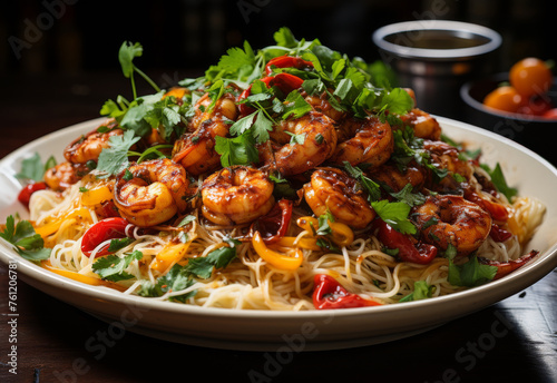 Bowl of spicy shrimp and noodles