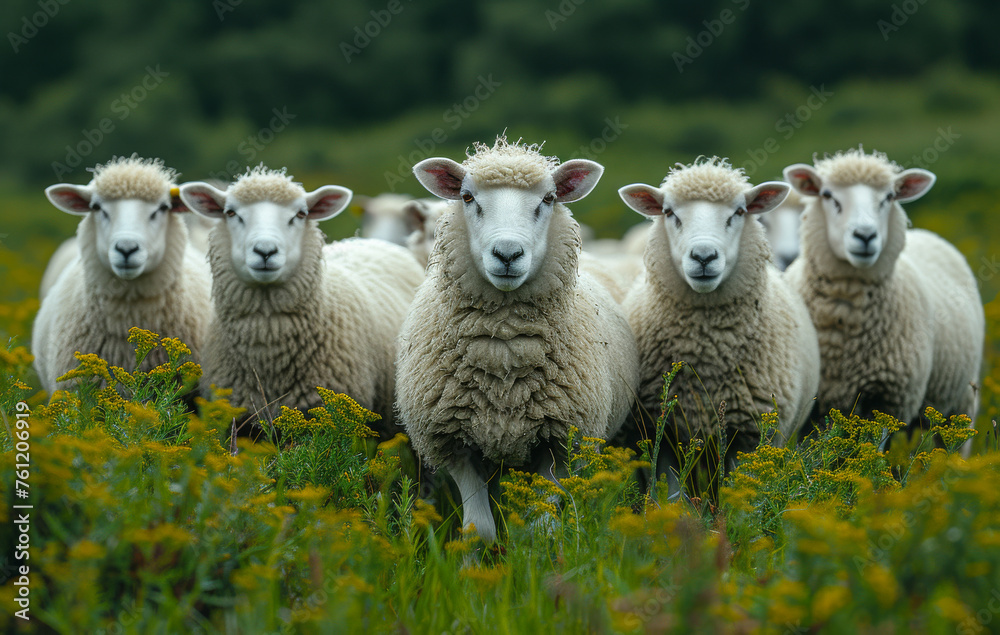 Fototapeta premium Sheep standing in row and looking at the camera