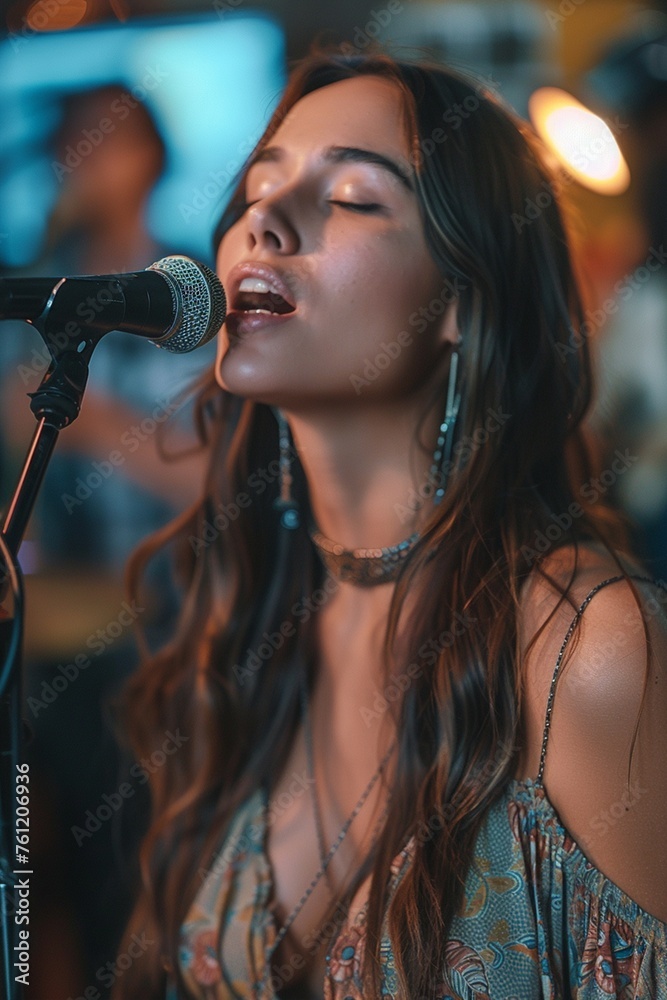 Cool young woman sings with a microphone with a band playing on stage background. Cool young woman sings with a microphone with a band playing on stage background.