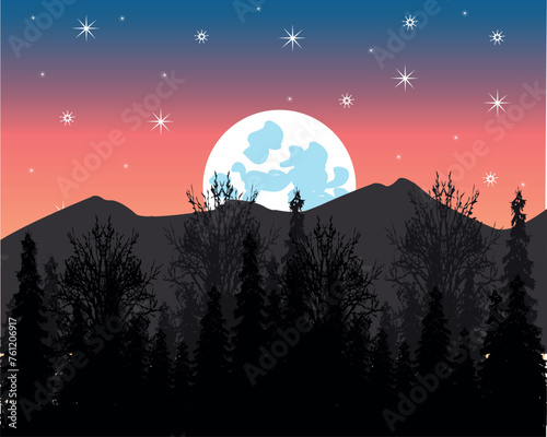 Moon night on background wood and mountains