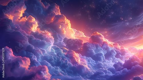 Vibrant Clouds and Stars in a 3D Purple Sky, To provide a stunning and unique digital art piece for use as a wallpaper, background