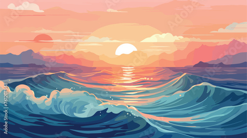 Sea waves and sun. Vector illustration of sea landscape #761207548