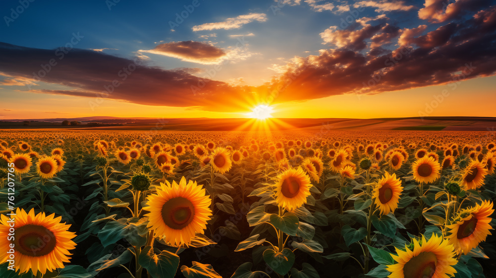 Beautiful sunset over big golden sunflower field in the countryside