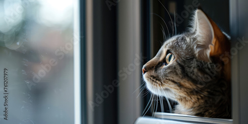 Curious Cat Peering Through Pet Door. A pet hole in an apartment door, a convenient entrance for pet animals. photo