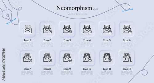 Mail line icon set. Information, checkmark, dollar, asterisk, favorites, correspondence, postman, gear, settings, minus, loading. Neomorphism style. Vector line icon for Business