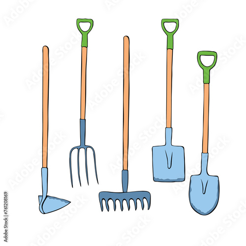 Vector set of color garden tools: shovel, hoe, rake, pitchfork, in doodle flat style isolated. Equipment for gardening farming agriculture