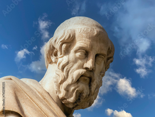 Plato, the famous ancient Greek philosopher in thoughtful representation. Marble statue detail.
