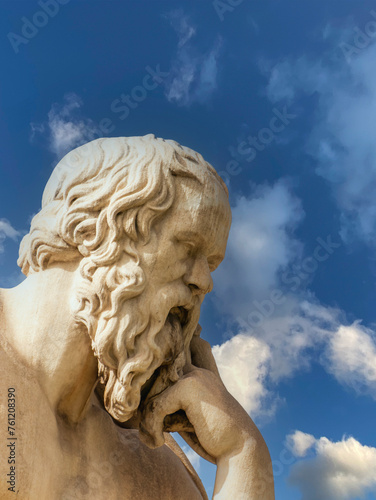 Socrates' marble statue, the famous ancient Greek philosopher, in a thoughtful representation. Travel to Athens, Greece.