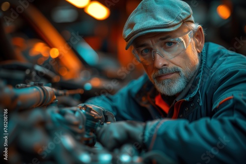 A street-wise man with a mysterious aura, donning goggles and a cap, gazes at the camera with a confident yet enigmatic expression on his human face