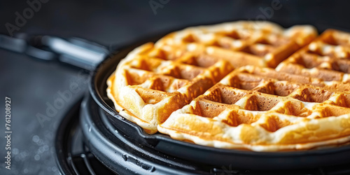 Freshly Baked Belgian Waffles close-up. Golden Belgian waffles sizzle in electric waffle maker iron, delicious breakfast, copy space.