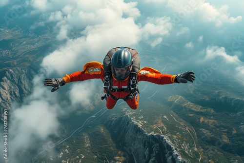 An adrenaline-fueled journey through the sky, as a thrill-seeker leaps into the unknown surrounded by billowing clouds and majestic mountains