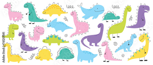Fototapeta Naklejka Na Ścianę i Meble -  Set of cute dinosaurs in scandinavian style. Collection of baby dino isolated on white background. Vector illustration.