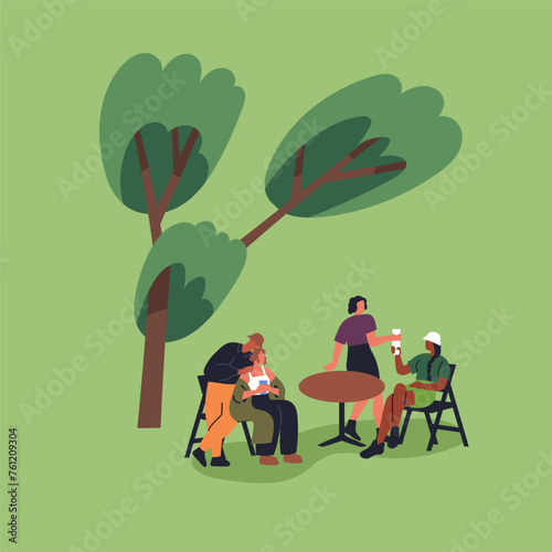 Tiny characters relaxing in park, sitting at table outdoors. Young people, men and women friends talking, drinking, spending time in nature on summer holiday, vacation. Flat vector illustration © Good Studio