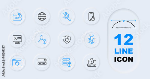 Security line icon set. Smartphone, lock, password, key, corporate email, data, information. Neomorphism style. Vector line icon for Business