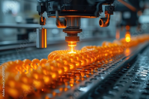 A lego machine precisely cuts a sparkling piece of jewelry in an indoor factory, its movements guided by a track and illuminated by a soft light, showcasing the perfect blend of engineering and art