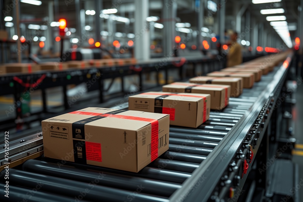 A factory worker carefully stacks steel boxes onto a fast-moving conveyor belt in the bustling indoor production line A factory worker carefully stacks steel boxes onto a fast-moving conveyor belt in the bustling indoor production line