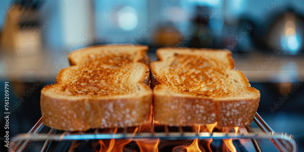 Toasted Bread Slices in Toaster. Close-up of Crunchy slices of perfectly toasted bread in a toaster, with a cozy kitchen background. Toasted Bread Slices in Toaster. Close-up of Crunchy slices of perfectly toasted bread in a toaster, with a cozy kitchen background.