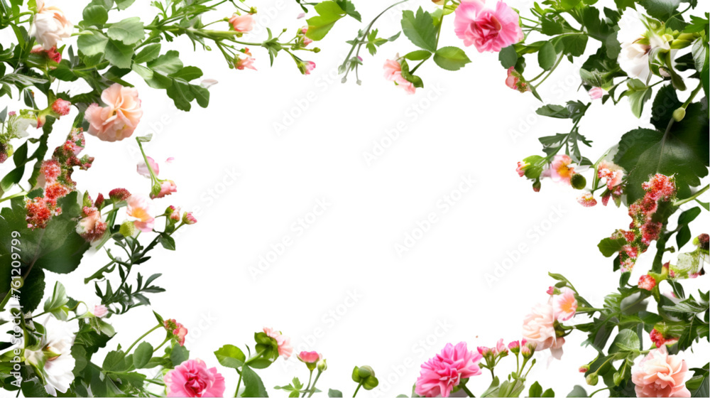 Clean green photo frame with fresh blooming flowers of various colors and green leaves isolated on white or transparent background Clean green photo frame with fresh blooming flowers of various colors and green leaves isolated on white or transparent background