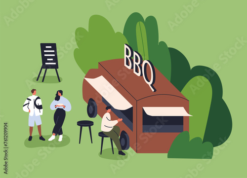 People at street food truck, resting outdoor on summer holiday, weekend. Tiny...