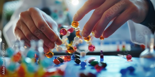 close-up of a scientist's hands working on a drug synthesis experiment in a copy space, a molecular model photo