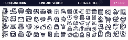 Purchase icon set. Outline Icons Editable Stroke. Containing buy, pay, order, shop, price, payment, product, spend, receipt and more. Solid vector icons collection. vector illustrations.