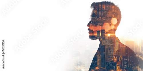 A businessman working in double exposure with a white backdrop and a high detail cityscape photo