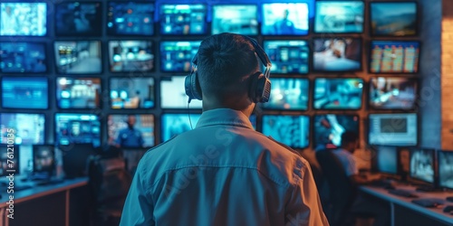emergency responders donning a headgear, security officers working in video-wall equipped security control rooms or providing dangerous law patrol legal services, 