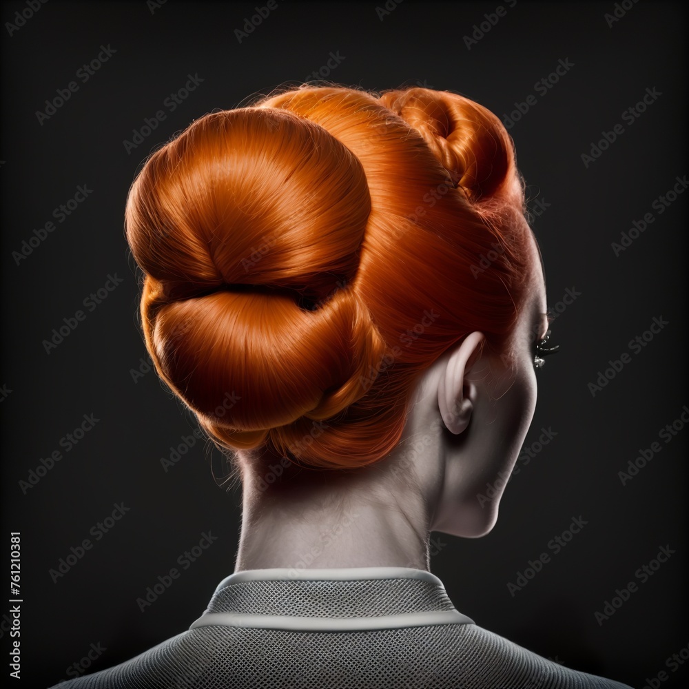 Fototapeta premium professional red hair bun model back view in a diamond spinning hairdresser salon crissors comb cute sample beauty design fashion style pretty lady top Generative AI