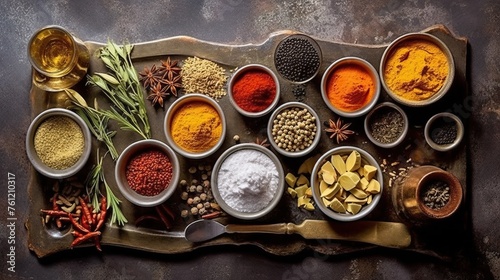 Spices. Photo of fresh herbs. Assortment of fresh and dried seasonings and herbs on a marble background.