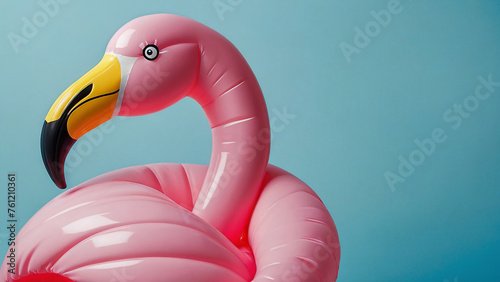 Fototapeta Naklejka Na Ścianę i Meble -  Pink inflatable flamingo on blue background. Minimal summer concept
