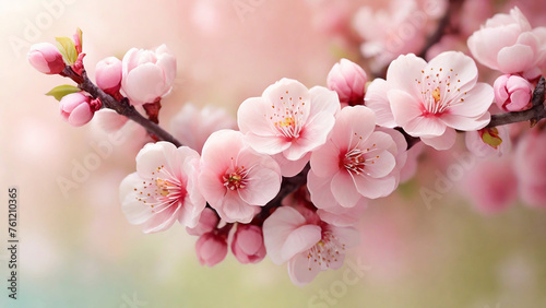 Beautiful blossoming branch of peach on blurred background, closeup