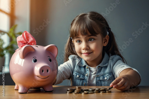 Cute little girl with piggy bank and coins at table indoors