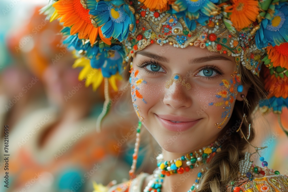 A joyful woman embraces tradition and revels in the festive spirit of mardi gras, adorned with a lei of vibrant flowers and a fashionable headpiece, her smiling face a symbol of celebration and beaut A joyful woman embraces tradition and revels in the festive spirit of mardi gras, adorned with a lei of vibrant flowers and a fashionable headpiece, her smiling face a symbol of celebration and beaut