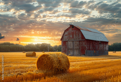 Red barn and hay bales sit in field at sunset