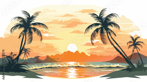 Fototapeta Naklejka Na Ścianę i Meble -  Summer illustration with palms sun beach and sea wave