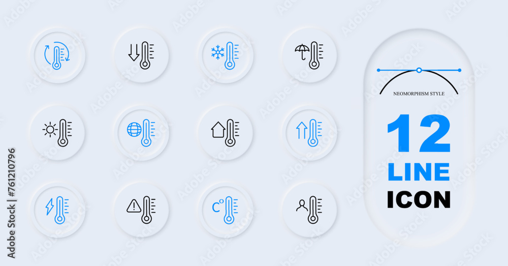 Thermometer line icon set. Temperature, mercury, weather, degree, illness, scale, Celsius, heat, meter, cold. Neomorphism style. Vector line icon for Business Thermometer line icon set. Temperature, mercury, weather, degree, illness, scale, Celsius, heat, meter, cold. Neomorphism style. Vector line icon for Business