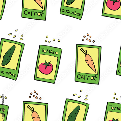 Seamless pattern of outline green paper bags with seeds vegetables. Bright vector background and texture. Theme of gardening, farming, agriculture