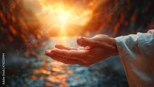 Close up of hands of an old man against the background of the setting sun