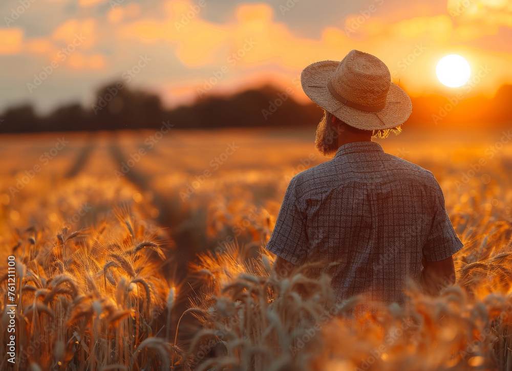 Fototapeta premium Farmer standing in wheat field looking at the sunset