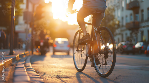 A man is riding a bicycle down a street. The sun is shining brightly, casting a warm glow on the scene. The street is lined with parked cars, and there is a bench nearby