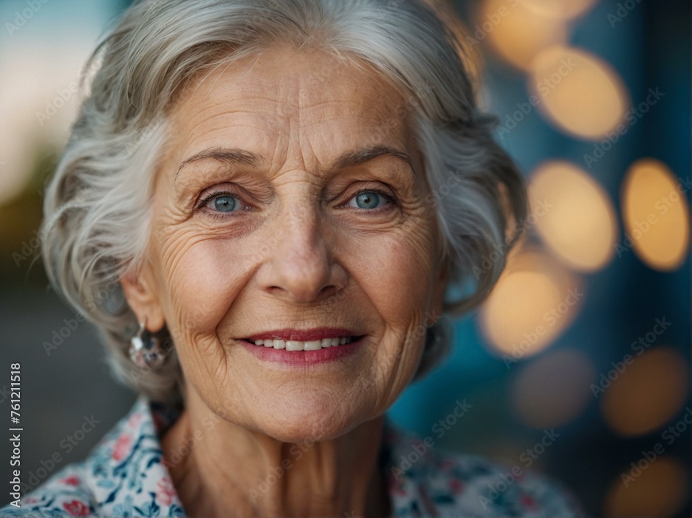 Portrait of an older woman with an elegant smile and radiant blue eyes that reflect a life full of experiences