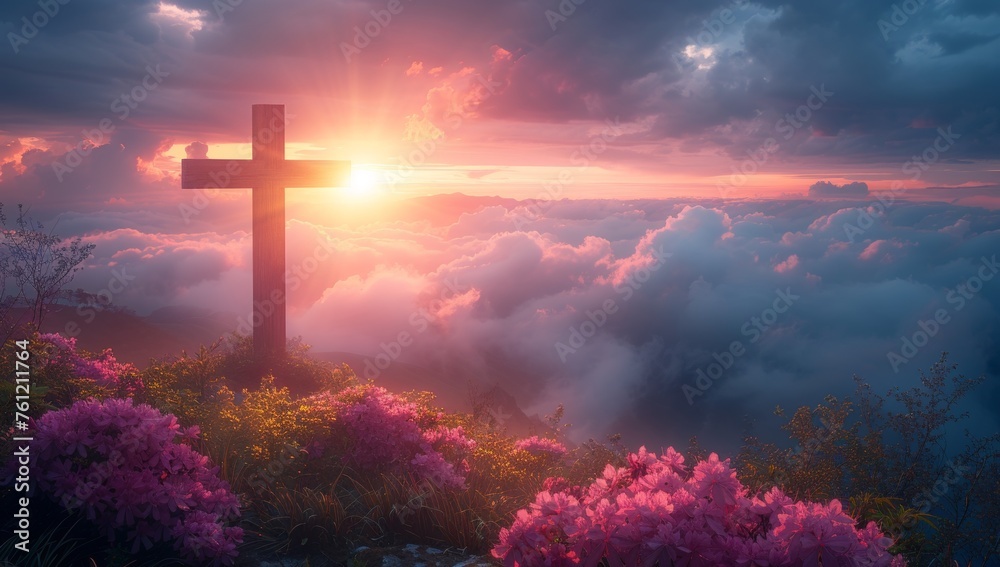 Cross on the top of the mountain with pink flowers at sunset. - obrazy, fototapety, plakaty 