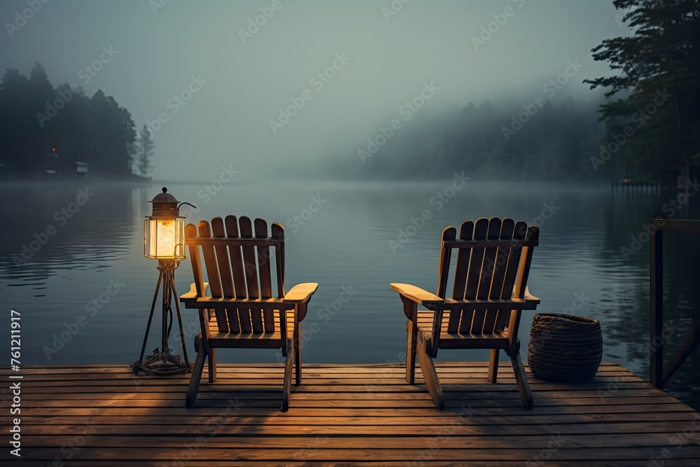 Naklejka premium Two Empty Wood Chairs, Morning Lake View, Mist Swamp Wooden Pier, Nature Landscape, Misty Night
