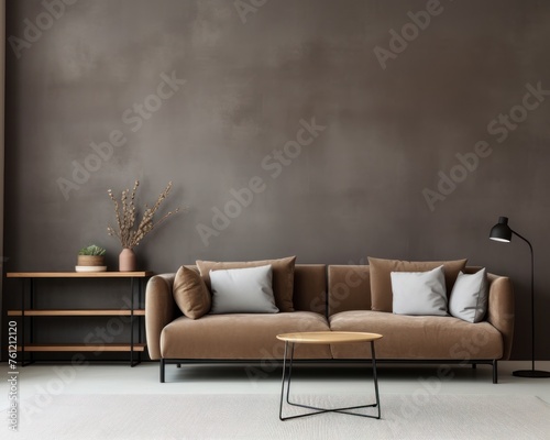 brown sofa in living room with copy space