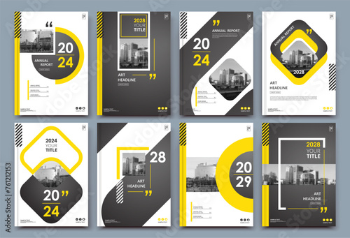 Abstract a4 brochure cover design. Ad text frame. Urban city view font. Title sheet model. Modern vector front page. Brand logo. Banner texture. Black, white rhombus, Yellow line icon. Flyer fiber